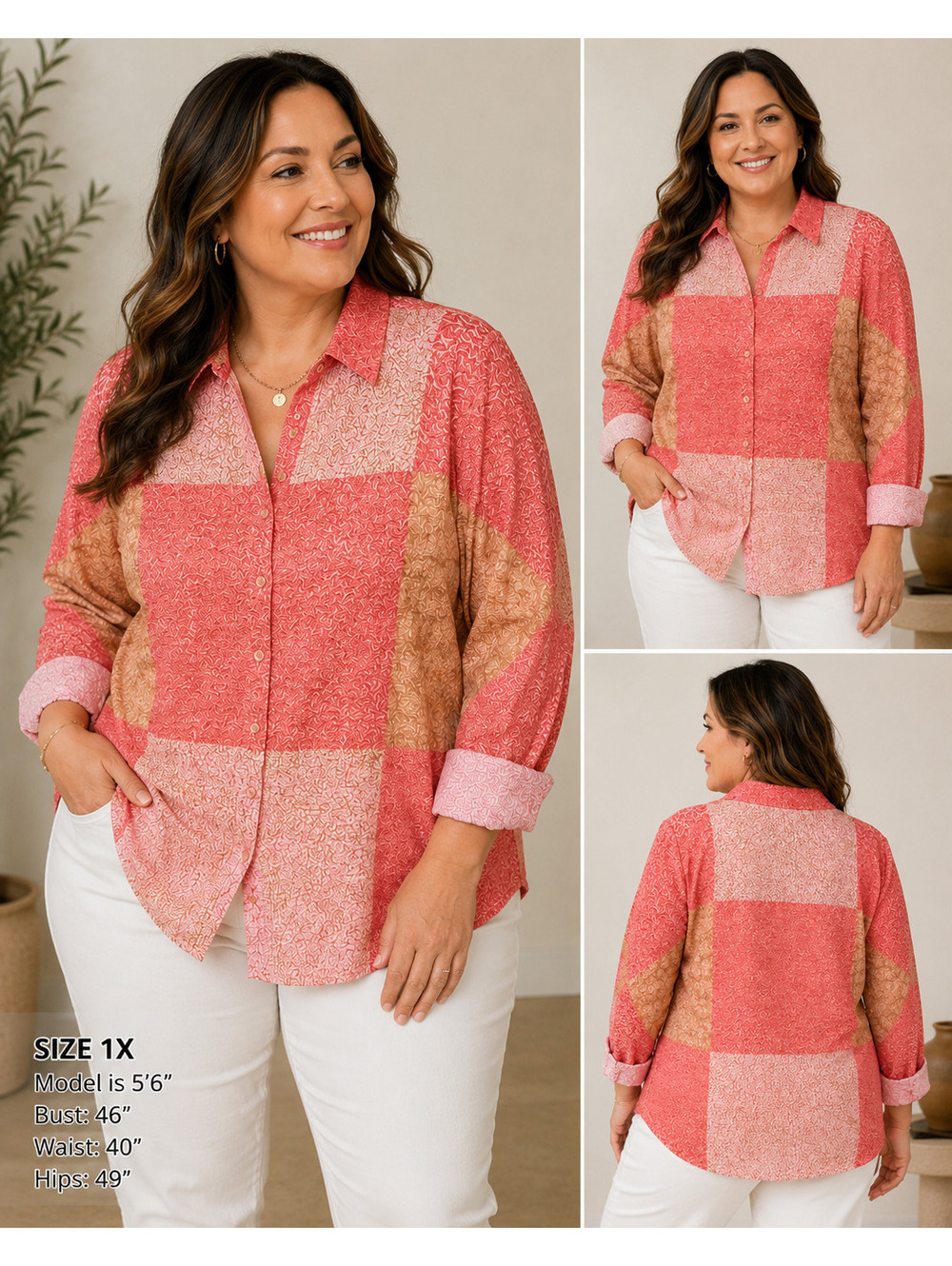 Itsu Women's Textured Patchwork Button-Up Shirt 1X Pink Multi